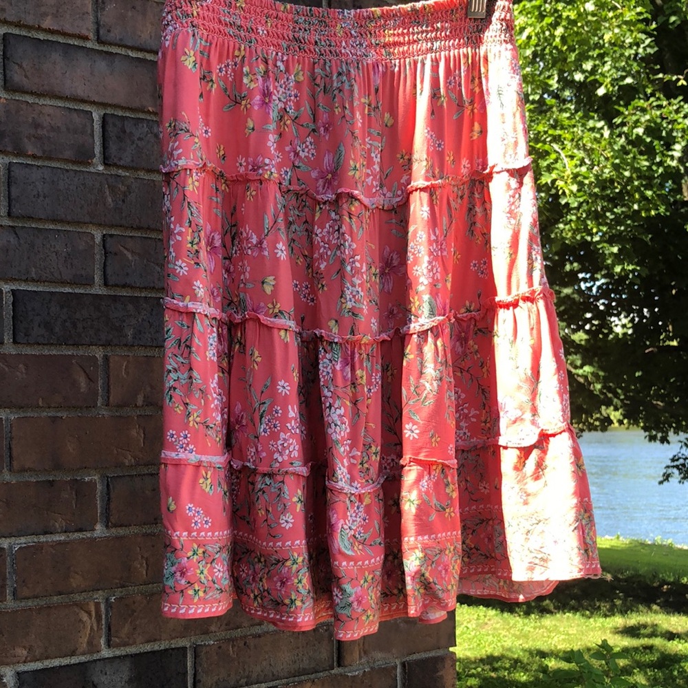 Smocked Waist Tiered Floral Skirt - Coral